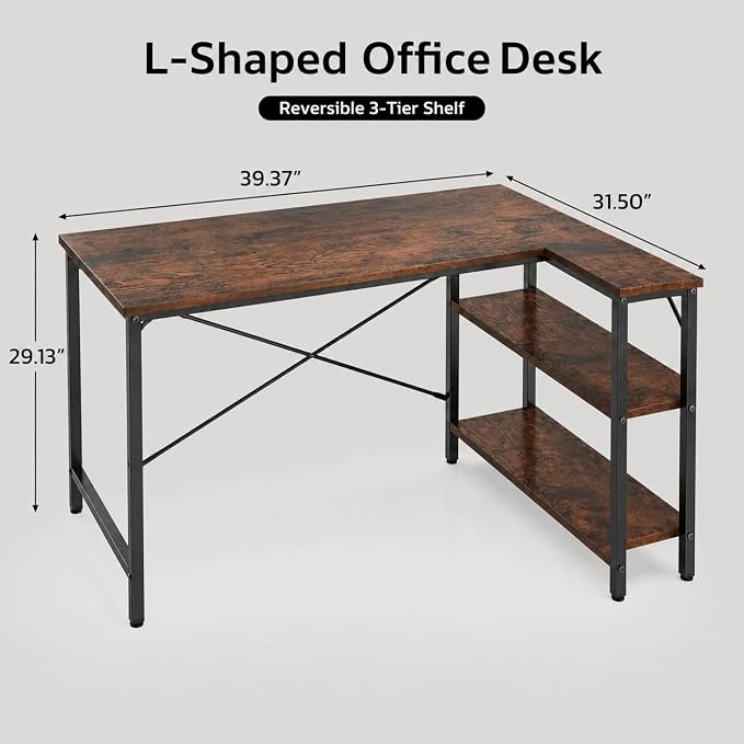 Simple Deluxe L Shaped Gaming Desk, 39 Inch Computer Desk with 2 Shelves, Corner Computer Desk for Gaming, Corner Work, Home Office, Study, Rust