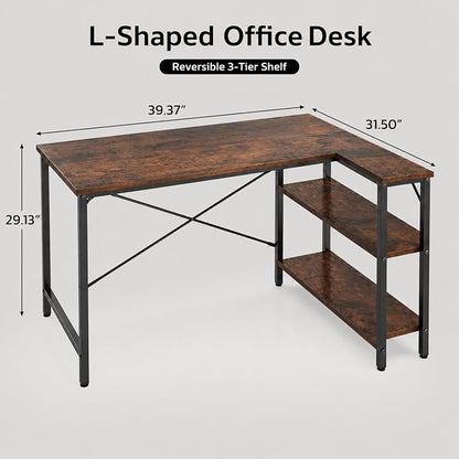 Simple Deluxe L Shaped Gaming Desk, 39 Inch Computer Desk with 2 Shelves, Corner Computer Desk for Gaming, Corner Work, Home Office, Study, Rust