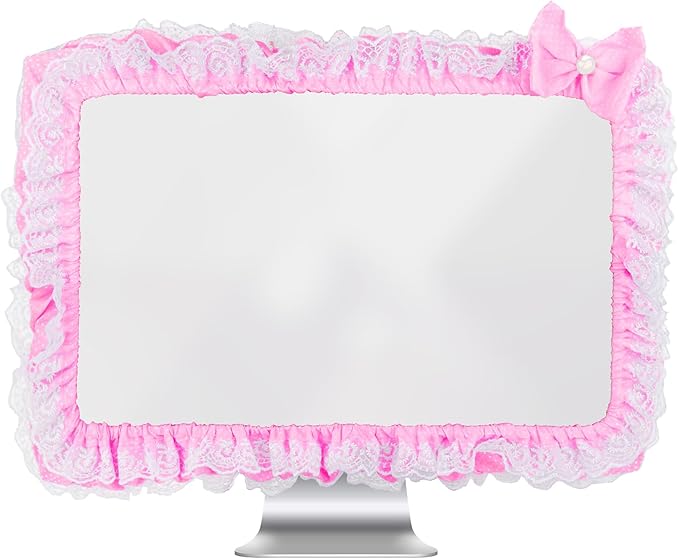 Cute Pink Lace 23"-27" Computer Monitor Screen Dust Cover with Bowknot | Lovely Pink Bow | Lace Trim | Adjustable Elastic Band