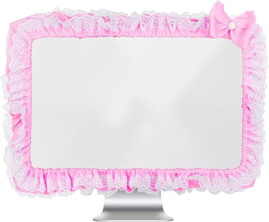Cute Pink Lace 23"-27" Computer Monitor Screen Dust Cover with Bowknot | Lovely Pink Bow | Lace Trim | Adjustable Elastic Band