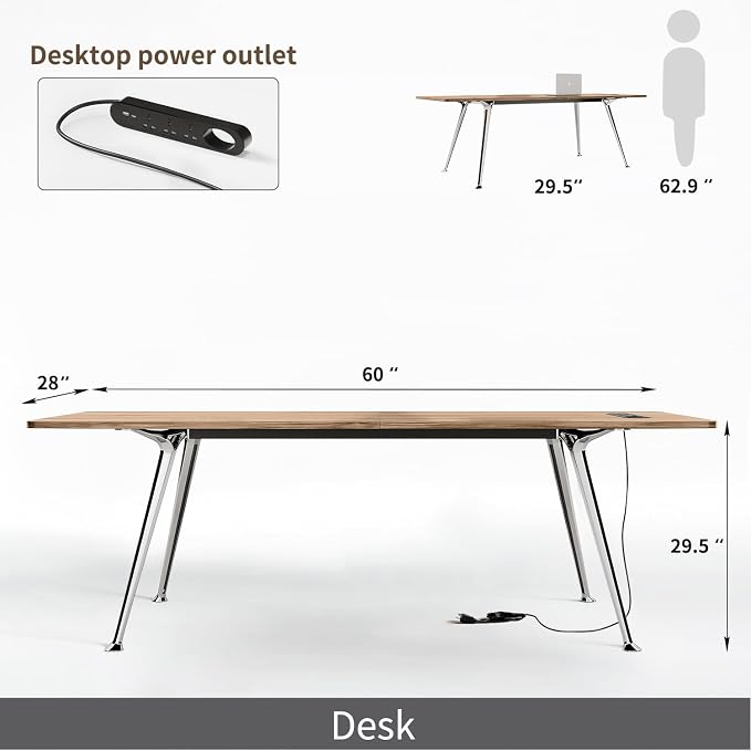 60-Inch Executive Desk, Modern Desk for Home Office, Wooden Study Writing Work Table with Power Outlets and USB-C Port, Large Legroom, Sturdy Metal Frame, Mid-Century Modern Simple, Light Brown