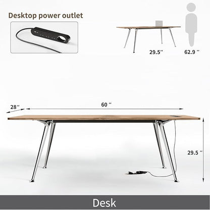 60-Inch Executive Desk, Modern Desk for Home Office, Wooden Study Writing Work Table with Power Outlets and USB-C Port, Large Legroom, Sturdy Metal Frame, Mid-Century Modern Simple, Light Brown