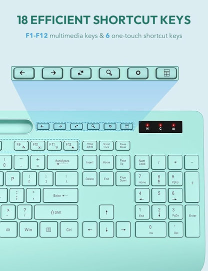 SABLUTE Wireless Keyboard and Mouse, Wrist Rest, Phone Holder, Battery Powered, 2.4G Lag-Free Ergonomic Keyboards Mouse Combo, KM23D Silent Keyboards Set for PC, Laptop, PC, Windows, Mint Green