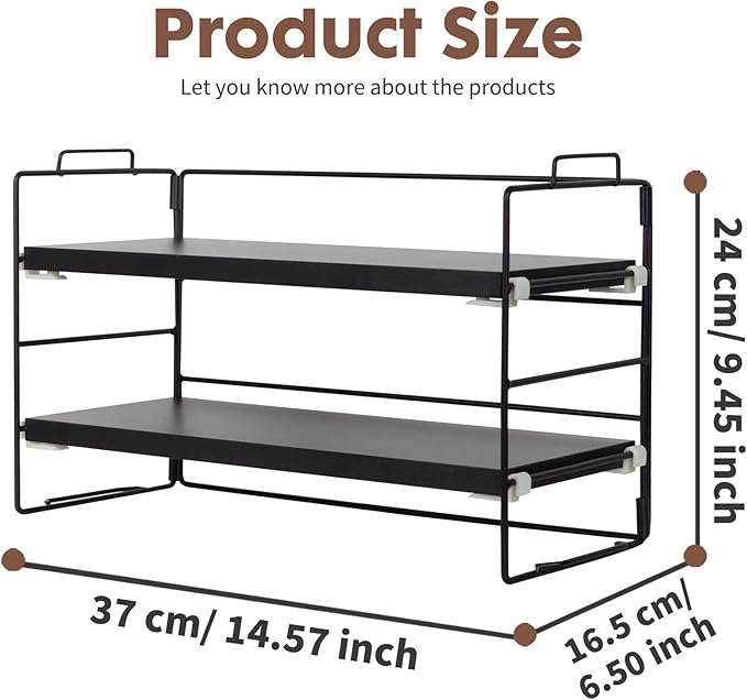 PowerKing Desk Shelf Organizer, 2-Tier Desktop Shelves with Wood Board, Adjustable Bookshelf Storage Rack for Home Office School Study Room (Black Frame + Black Wood)