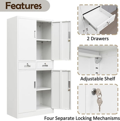 CJF Metal Storage Cabinet with Adjustable Shelves and Drawers, 71" H Locking Pantry Storage Cabinet for Office, Garage, Home, School, Utility (White)