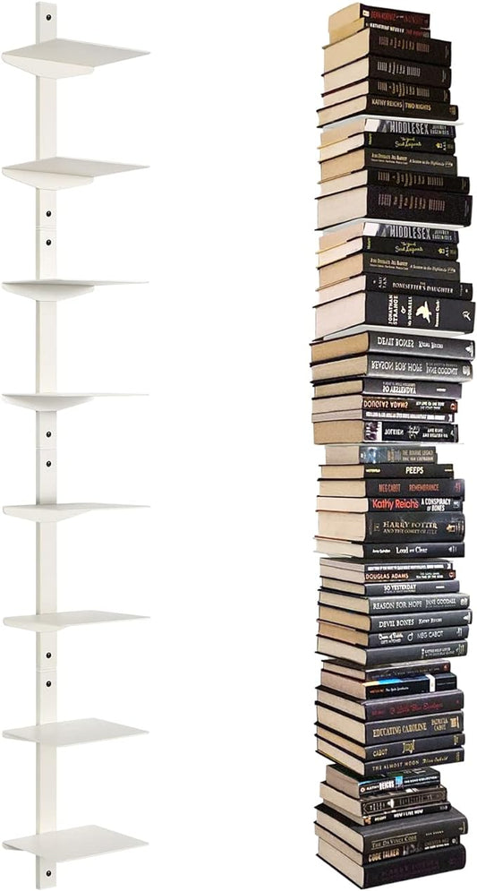 Floating Book Shelves for Wall, 8 Tier Invisible Floating Bookshelf, Vertical Spine Book Tower, Wall Mounted & Space Saving, Heavy Duty Metal Book Organizer for Home Office, 4 Pack White