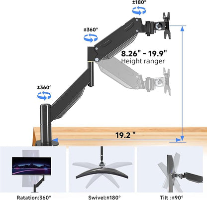 Pholiten Premium Aluminum Heavy Duty Monitor Arm, Ultrawide Monitor Mount with Clamp/Grommet Mounting Base, Adjuastable Gas Spring Arm for up to 49 inchs and 46.2lbs, Black