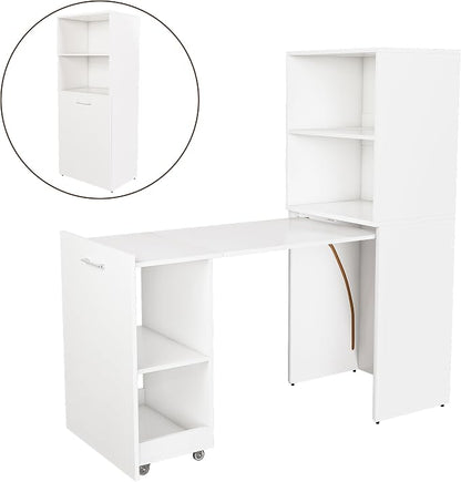 Foldable Expandable Desk Cabinet with Storage Shelves, Rolling Caster Base, Magnetic Closure, Retractable Workstation Unit for Small Spaces, Home Office Study Writing Table Organizer (White)