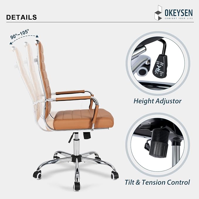 Okeysen Brown Conference Room Chairs, Modern Ergonomic PU Leather Office Desk Chair Ribbed for Office, High Back Executive Swivel Rolling Task Chair for Home