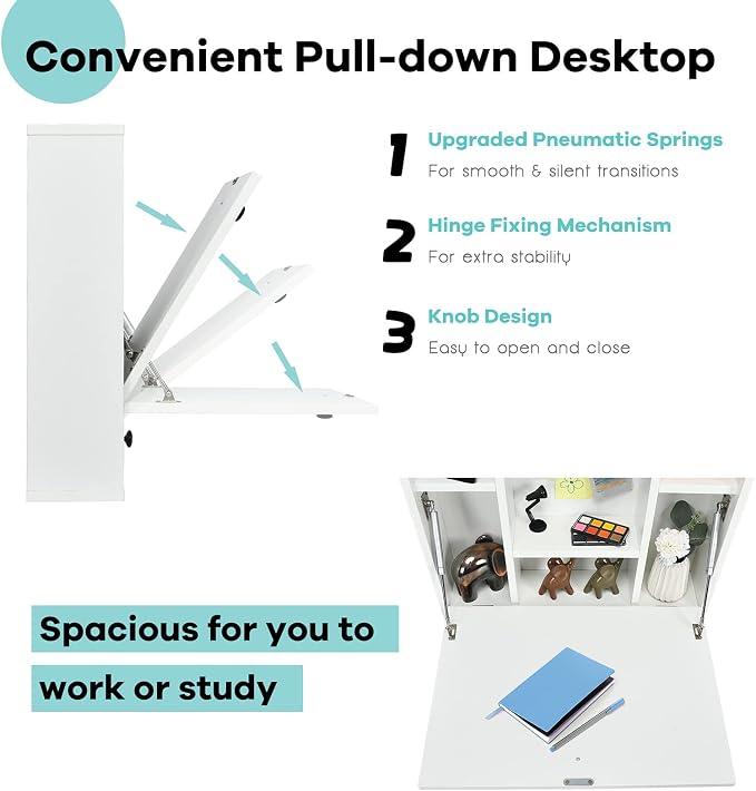 Tangkula Wall Mounted Desk, Pneumatic Floating Laptop Desk with Magnetic Foldable Tabletop, Space Saving Wall Mounted Table Wall Desk with Storage Drawer and Shelves (White)