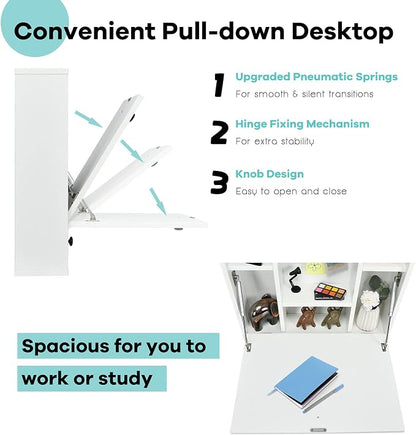 Tangkula Wall Mounted Desk, Pneumatic Floating Laptop Desk with Magnetic Foldable Tabletop, Space Saving Wall Mounted Table Wall Desk with Storage Drawer and Shelves (White)