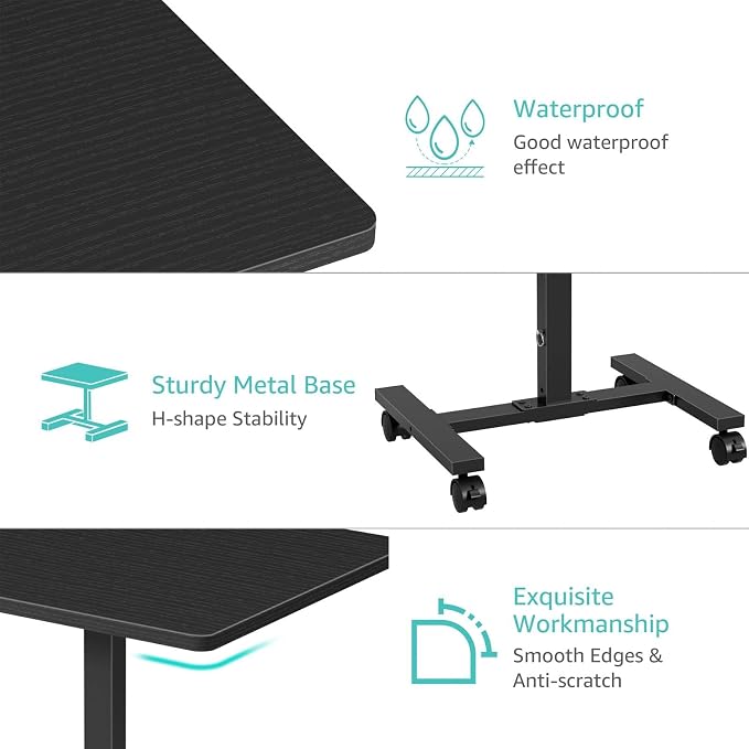 WINAZ Small Portable Laptop Rolling Desk - 24 Inch Mobile Computer Desk Adjustable Height with Wheels for Small Spaces Home Office, Kids Couch Desks Side End Table, Black