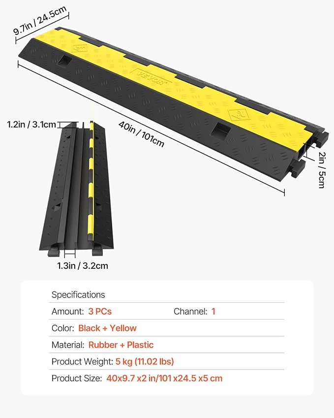 Happybuy 3 Pack of 2 Channel 11000lbs per Axle Capacity Protective Wire Cord Ramp Driveway Rubber Traffic Speed Bumps Cable Protector