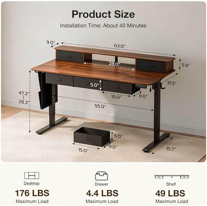 63x32″ Electric Standing Desk with 5 Drawers, Sit Stand Desk with Power Outlets, Monitor Shelf, RGB LED Lights and Cable Management, Height Adjustable 28.3"-47.2" for Home & Office, Walnut