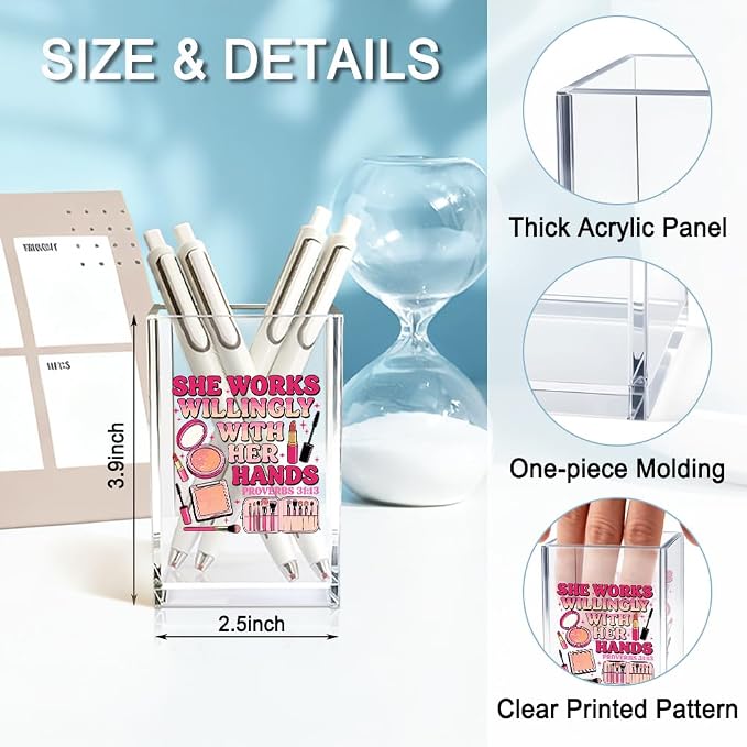 She Works Willingly With Her Hand Acrylic Cosmetic Holder, Inspirational Makeup Brush Holder Gifts, Christian Bible Verses Gifts for Cosmetologist, Bathroom Vanity Storage for Makeup Brushes