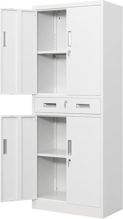 Wanfu Metal Storage Cabinet, 71" H x 28" W x 16" D Locking Storage Cabinet with 2 Adjustable Shelves and 1 Drawer for Office, Garage, Home, School, Utility(White)