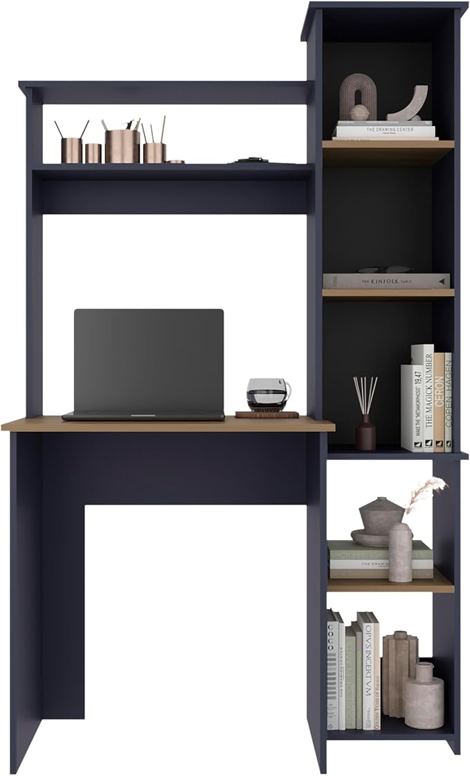 TUHOME Versalles Writing Desk with Large Monitor Shelf,Keyboard Tray and Five Side Open Storage Compartments,Modern Space-Saving Office Desk for Studios,Workspaces or Bedrooms, Functional Organization
