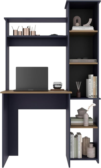 TUHOME Versalles Writing Desk with Large Monitor Shelf,Keyboard Tray and Five Side Open Storage Compartments,Modern Space-Saving Office Desk for Studios,Workspaces or Bedrooms, Functional Organization