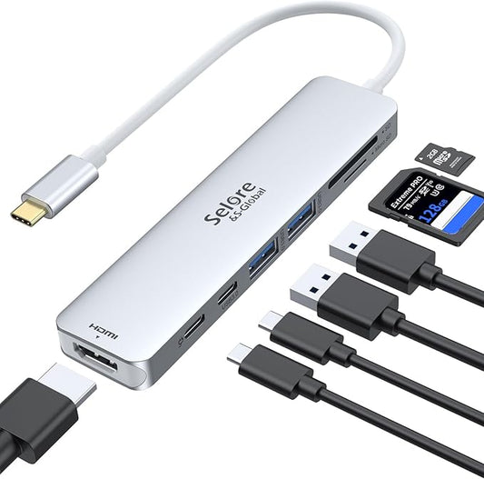 Selore&S-Global USB C Hub HDMI Adapter for MacBook Pro/Air, 7 in 1 USBC Dongle with HDMI, microSD/SD Reader, USB C Data Port,100W PD and 2 USB 3.0 Compatible for MacBook Pro/Air(Light Sliver)