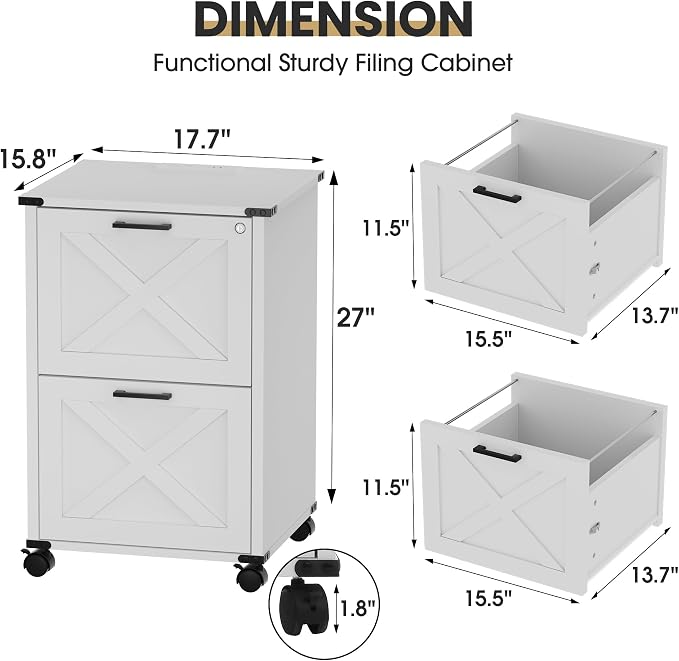 Onelike Small Wood File Cabinet with Lock, Nightstand with Charging Station, 2 Drawer Under Desk Lateral Filing Cabinets for Home Office, Printer Stand with Storage, White