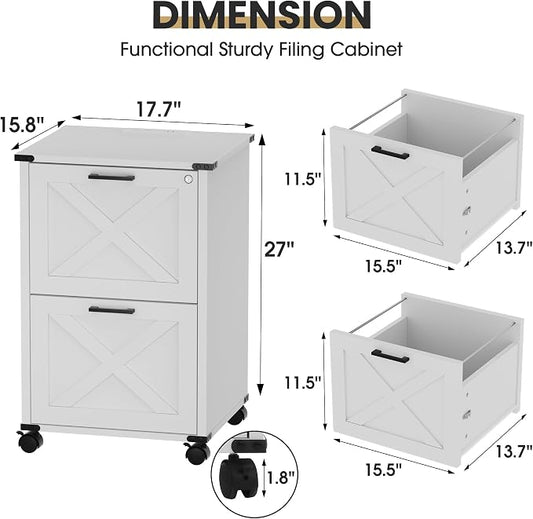 Onelike Small Wood File Cabinet with Lock, Nightstand with Charging Station, 2 Drawer Under Desk Lateral Filing Cabinets for Home Office, Printer Stand with Storage, White