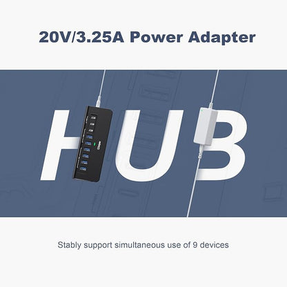 Powered USB Hub 10Gbps,intpw YH6AC 9-Port USB Splitter with USB A/USB C 3.2, 4 USB 3.0, 2 PD 45W Charging Ports, 65W Power Adapter and 3.3FT Cable, Aluminum Black USB Hub for Laptop/PC,iPhone 16/15