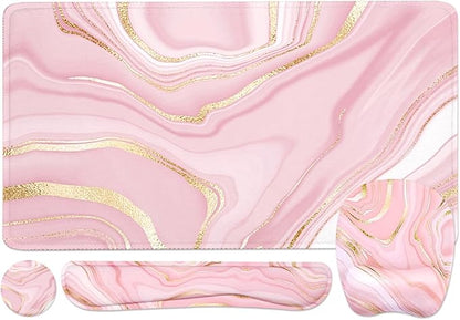 Keyboard Wrist Rest Large Mouse Pad Wrist Support for Computer, 4 in 1 Memory Foam Keyboard Pad Desk Mat Ergonomic Hand Rest Wrist Cushion for Home Office Gaming - Pink Marble