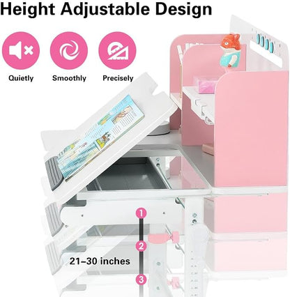 COSVALVE 39in Wide Adjustable Height Kids Desk with Tilting Desktop, Steel Frame, Drawer, and Bookshelf Hutch, Study Child Table for Ages 3-12, Pink