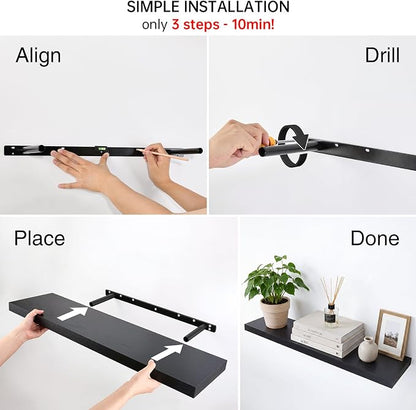 BAYKA Floating Shelves for Wall, Set of 3, 35.4 Inches Long Black Wall Mounted Rustic Wood Shelves for Bathroom, Bedroom, Living Room or Kitchen, for Book/Storage/Decor with 30lbs Capacity