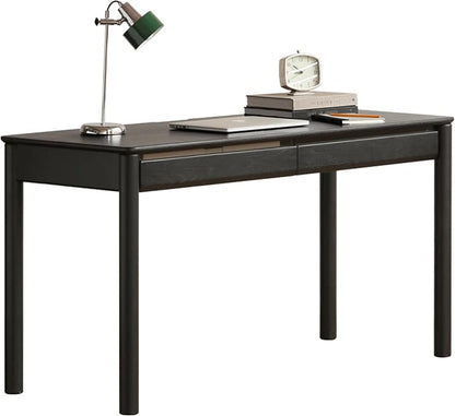 Solid Oak Wood Writing Desk, Smoky Black Home Office Desk with 2 Drawers, Ideal for Work Study Bedroom 55.11" W