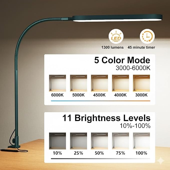 SKYLEO LED Desk Lamp - Desk Light for Home Office - Flexible Gooseneck - 5 Color Modes X 11 Brightness Levels - 1300LM - Timmer & Memory Function - 12W Clip on Light - Green