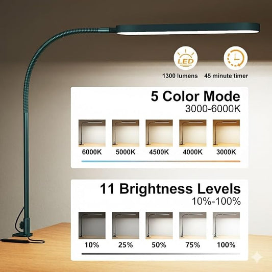 SKYLEO LED Desk Lamp - Desk Light for Home Office - Flexible Gooseneck - 5 Color Modes X 11 Brightness Levels - 1300LM - Timmer & Memory Function - 12W Clip on Light - Green