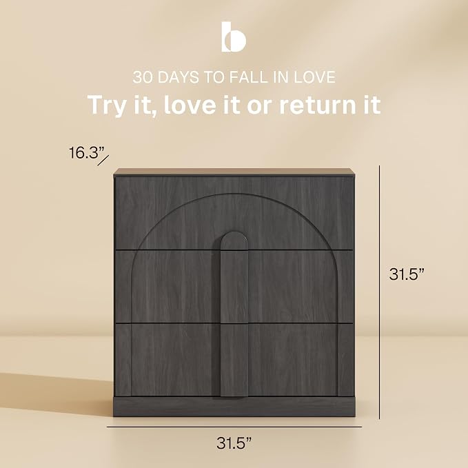 BELLEZE 31.5" Kitchen Storage Cabinet with 3 Drawers,Freestanding Accent Cabinet with Arched Design & Wood Handles,Modern Credenza for Living Room,Dining Room,Entryway - Ebony