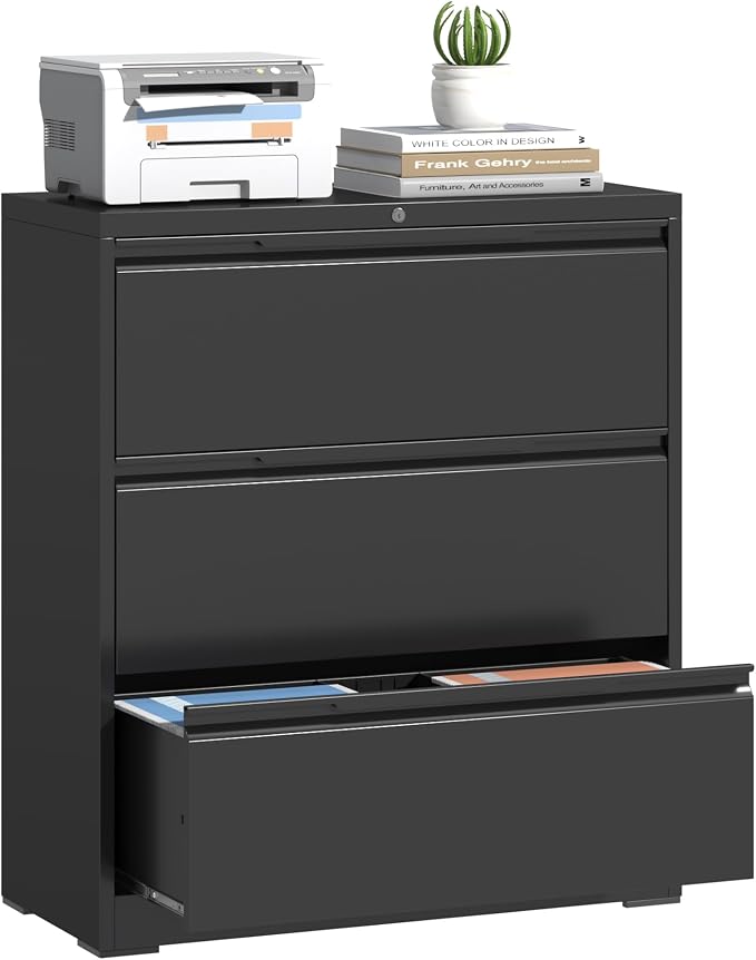 Lateral File Cabinet 3 Drawer, Metal File Cabinet with Lock | Filing Cabinets for Home Office, Black Locking Deep Drawer for Hanging Files Letter/Legal/A4/F4 Size, Assembly Required