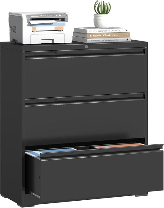 Lateral File Cabinet 3 Drawer, Metal File Cabinet with Lock | Filing Cabinets for Home Office, Black Locking Deep Drawer for Hanging Files Letter/Legal/A4/F4 Size, Assembly Required