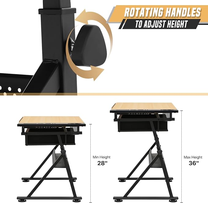 Drafting Table with Height Adjustable Wood Top, Drawing Table with Storage Drawers, Extendable Design, Art Desk Ideal for Drawing, Painting, Writing, Home Office, Natural