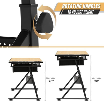 Drafting Table with Height Adjustable Wood Top, Drawing Table with Storage Drawers, Extendable Design, Art Desk Ideal for Drawing, Painting, Writing, Home Office, Natural