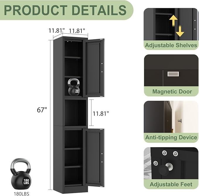 pozdeg 67" Tall Narrow Storage Cabinet Metal Bathroom Cabinet with 2 Doors & 4 Adjustable Shelves, Standing Pantry Cabinets Cupboard for Kitchen, Dining Room, Living Room and Bathroom (Black)
