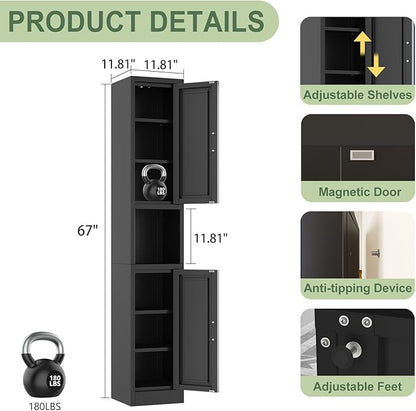 pozdeg 67" Tall Narrow Storage Cabinet Metal Bathroom Cabinet with 2 Doors & 4 Adjustable Shelves, Standing Pantry Cabinets Cupboard for Kitchen, Dining Room, Living Room and Bathroom (Black)