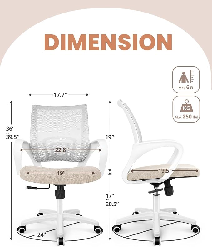 NEO CHAIR Office Desk Computer Chair Ergonomic Mesh Gaming Cushion Seat with Comfy Lumbar Mid Back Support Adjustable Height Swivel Rolling Wheels for Home Task (Beige)