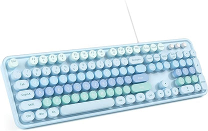 MOWUX Computer Keyboard Wired, Plug and Play USB Retro Round Typewriter Keyboard, Full Size Wired Keyboard with Foldable Stands for Laptop and Office PC-Blue with Large Print