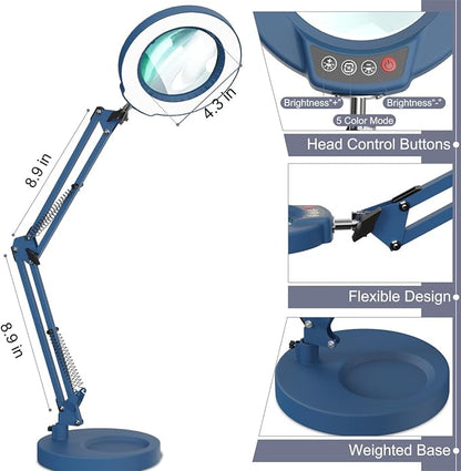 12X Magnifying Glass with Light and Stand, Upgrade Button 5 Color Modes Stepless Dimmable, 2-in-1 LED Lighted Magnifier Light, Hands Free Desk Lamp with Clamp for Craft Hobby Close Work - Blue
