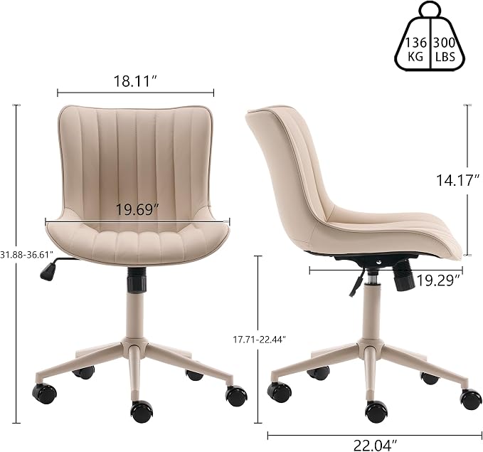 YOUNIKE Home Office Desk Chair with Wheels Armless Vanity Chair with Back Comfy Modern Leather Upholstered Rolling Task Chair Swivel Small Cute Sewing Chair No Arms Wide Adjustable Ergonomic Cream