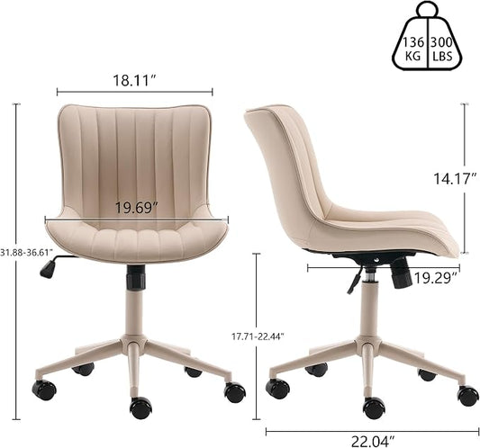 YOUNIKE Home Office Desk Chair with Wheels Armless Vanity Chair with Back Comfy Modern Leather Upholstered Rolling Task Chair Swivel Small Cute Sewing Chair No Arms Wide Adjustable Ergonomic Cream