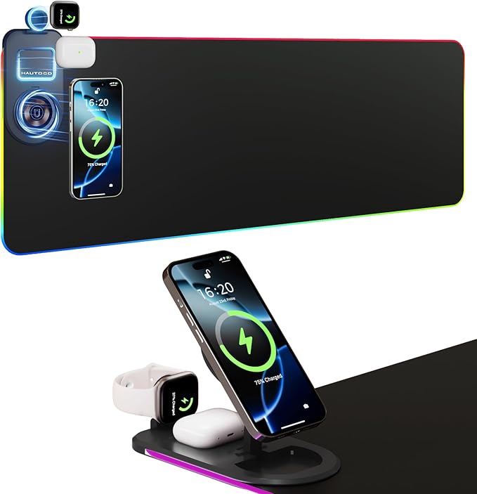 HAUTOCO Wireless Charging Mouse Pad 15W RGB Gaming Mousepad Waterproof Desk Mat with Phone Holder 35.4''x11.8'' Extra Large Desk Pad Non-Slip Base Computer Keyboard Mat for PC Laptop, Black