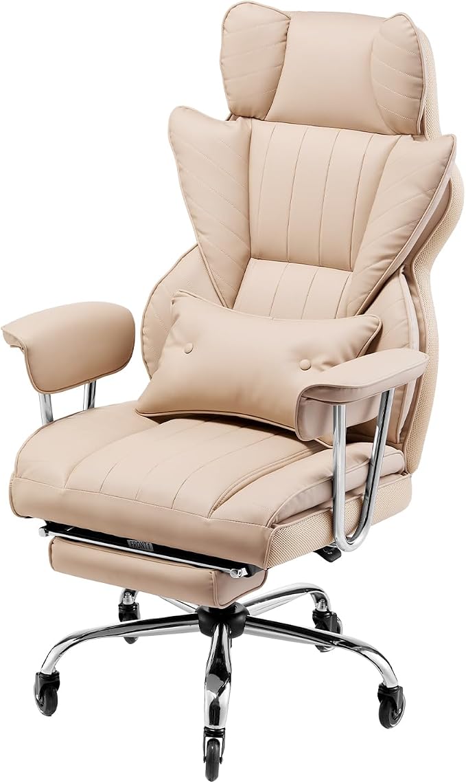 VEVOR Executive Office Chair with Footrest, 400lb Capacity Oversize Office Chair with Lumbar Pillow & Removable Armrests, Heavy Duty Ergonomic Chair, PU Leather Reclining Home Office Desk Chair, Brown