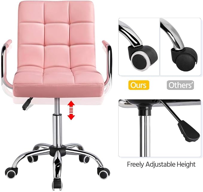 Topeakmart Office Chair Height Adjustable Mid Back PU Leather 360° Swivel Large Seat Stylish Office Chair Pink