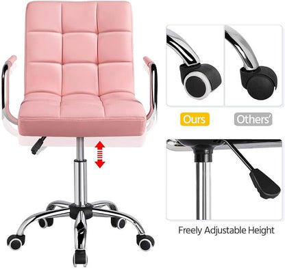 Topeakmart Office Chair Height Adjustable Mid Back PU Leather 360° Swivel Large Seat Stylish Office Chair Pink
