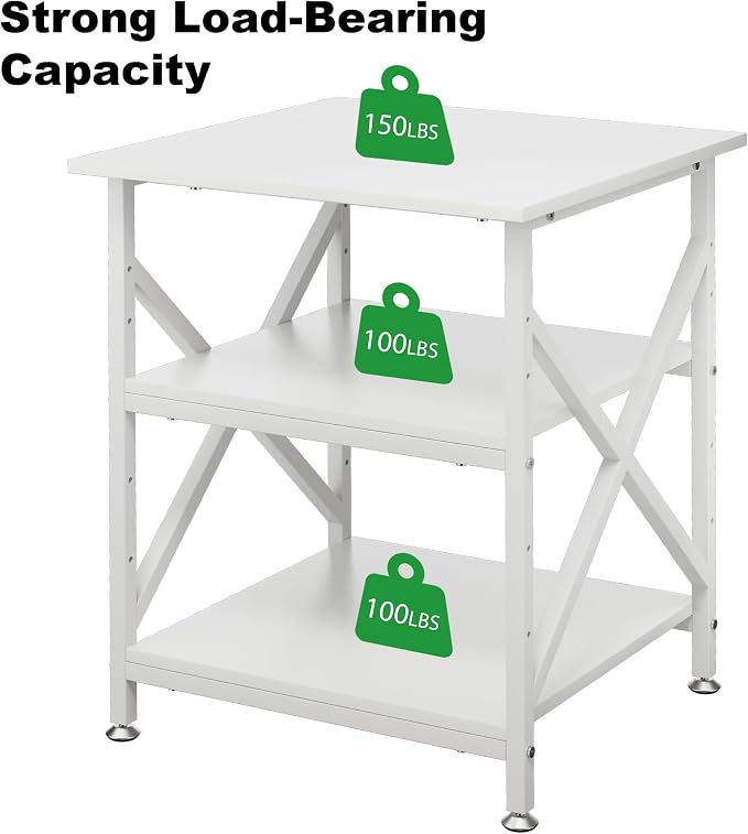 3 Tier Printer Stand, Large Table with Wheels, Rolling Cart with Height Adjustable Middle Storage Shelf, 23.6 x 23.6 x 30.3 Inches Shelf for Home Office, White