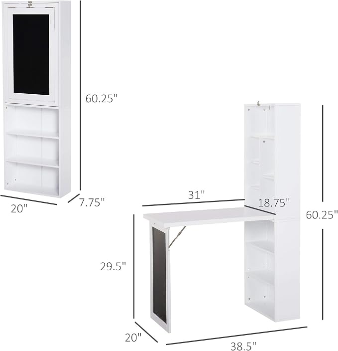 Folding Wall Mounted Desk with Storage, Expandable Hidden Computer Desk, Foldable Space-Saving Pull Out Murphy Table, Writing Table with Blackboard for Home Office Bedroom Small Spaces (White.)